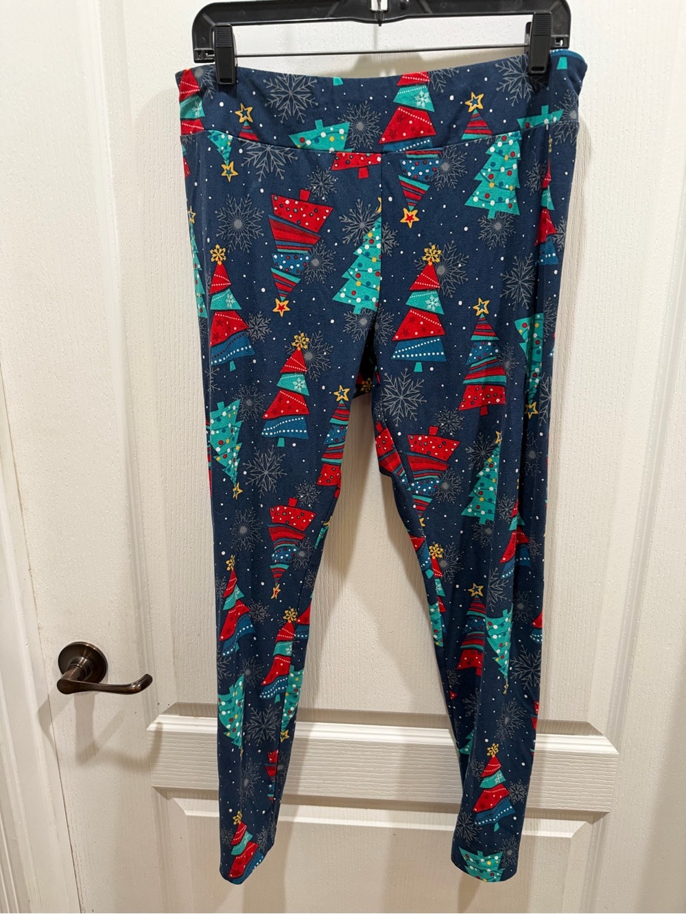 Holiday Time Navy Leggings with Red & Teal Tree Print
